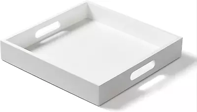 White Wooden Serving Tray With Handles 12 X12 X2 H Square Countertop Organizer  • $44.11