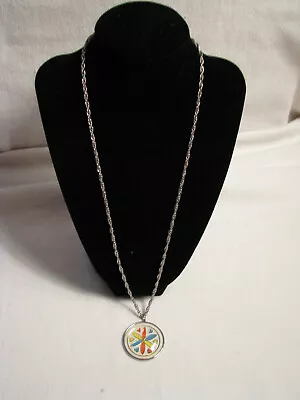 VTG 24  Colorful Folk Art Compass Necklace Silvertone Unbranded • $8