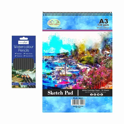 A3 Sketch Pad 30 Sheets 130gsm Spiral Cartridge Paper And 12 Watercolour Pencils • £9.59