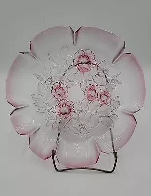 Mikasa 12  Rosella Round Serving Platter Frosted Pink Floral Ruffled Edge Leaves • $32