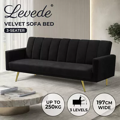 Levede Sofa Bed Convertible Velvet Lounge Recliner Couch Sleeper 3 Seater Black • $379.99