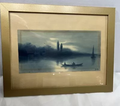 Vintage Framed Watercolor Painting Paper Boat Water Blue Moody Evening Clouds • $34.68