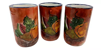 Mexican Mexico Pottery Tumblers Cups 3 Tonala Hand Painted Fruit Orange Blue 4.5 • $14.95