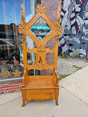 Victorian Antique Seated Tiger Oak Mirrored Hall Tree With North Wind Face Hooks • $499.99