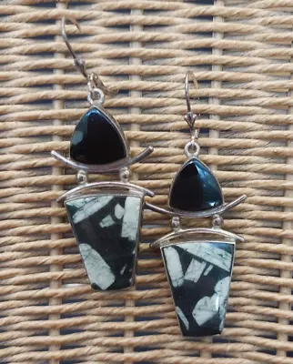 925 Sterling Silver Black Onyx Polished Stone Modern Dangle Earrings • $22