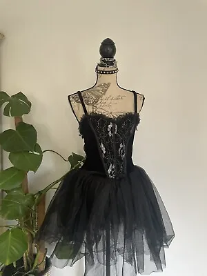 Fairy Goth Silver Floral Embroidered Velvet Sheer Tulle Tutu Lace Mini Dress S-L • $60