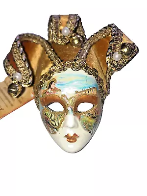 GOLD CERAMIC MINIATURE JESTER VENETIAN MASQUERADE MASK Made In ITALY • $48.95