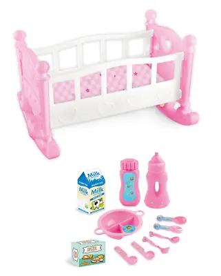 Baby Dolls Bed  Rocking Cradle Crib Cot L 45cm Pink Toy With Feeding Accessories • £12.95