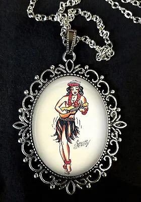 Sailor Jerry TATTOO PIN UP HULA GIRL Antique Silver Pendant Necklace Rockabilly • £14.95