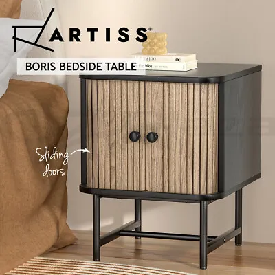 Artiss Bedside Table Side End Table Slidng Doors Storage Nightstand Black BORIS • $72.95