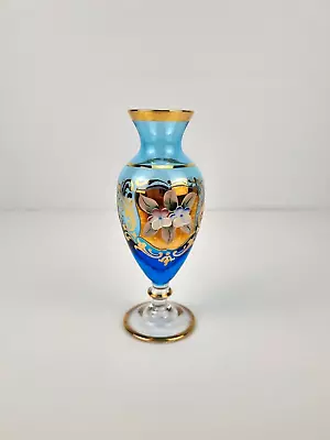 Vintage Bohemia Sapphire Blue Glass Small Vase With Handpainted Flowers 1960s • $45