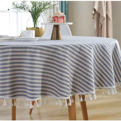 Round Tablecloth Stripe Tassel Table Cloth Cotton Linen Dust-Proof Table Cover F • $29.61