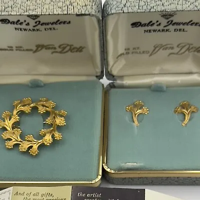 Vintage 12 KT Gold Filled Van Dell Flower Leaf Brooch Earrings Jewelry NIB • $39.99