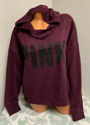 NWD Victoria's Secret PINK Black Logo Maroon Soft Hoodie Shirt Sz Medium • $11.69