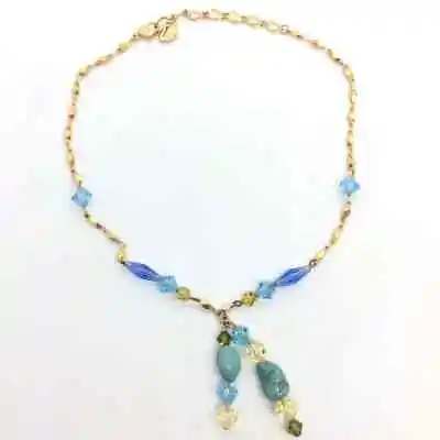 Vintage Swarovski Necklace Crystal Gold Tone Turquoise Dangle Drop Pendant Rare • $39.99