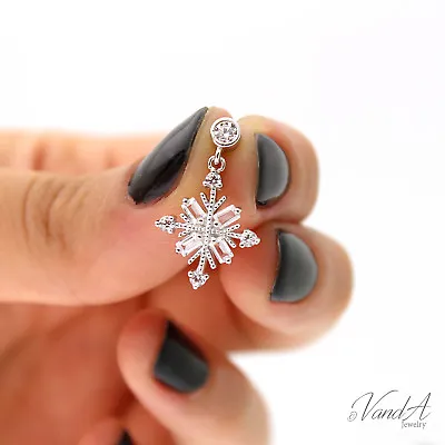 $36.99 • Buy Sterling Silver 925 Snowflake Earrings With CZ Stone Christmas Drop Earrings E52