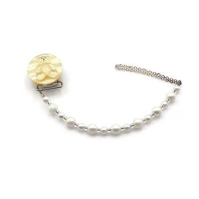 Cream Pearlized Lucite Teddy Bear Pacifier Clip With Faux Pearl Chain • $11