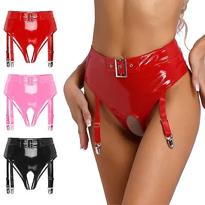 Women's Patent Leather Panties Cut Out Thongs Latex High Waist Briefs Suspender • £15.71