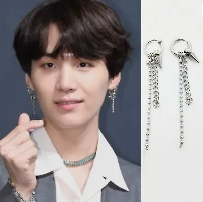 KPOP Idol BTS SUGA Surgical Steel Ball Cone Chain Earring Ear Clip • £16.20