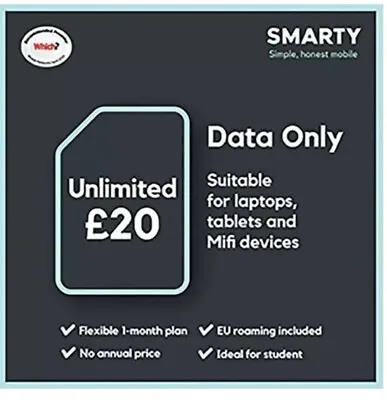 NEW Smarty UK WiFi Router Unlimited £20 DATA ONLY Sim Card Pay As You Go 5G 4G • £0.99