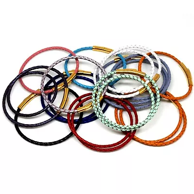 Leather Single Double Triple Wrap Bracelet Gold Plated Push Lock Clip 10 Colours • £7.99