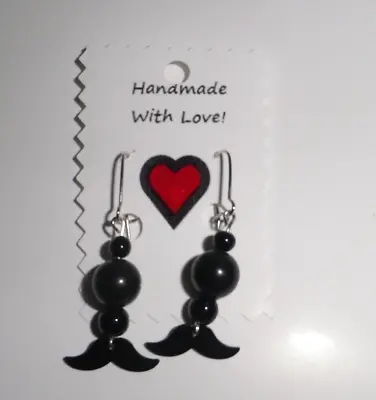 Mustache Earrings Black Onyx Gemstone Handmade In USA NEW • $11