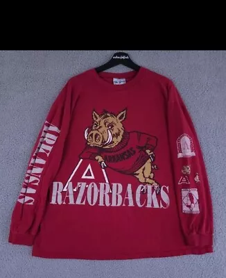 Vintage Arkansas Razorbacks Shirt Mens Large Red Thrashed Ripped Long Sleeve Tee • $20