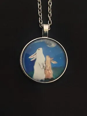 Bunny Pendant Bunnies Gazing At Moon Childrens Silver Toned Chain Necklace  • $8