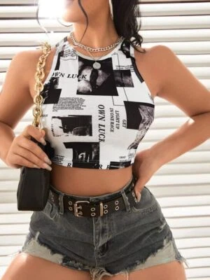 £8.99 • Buy Womens Ribbed Newspaper Print Crop Top Vest Tank T-Shirt Casual Slim Tee Blouse