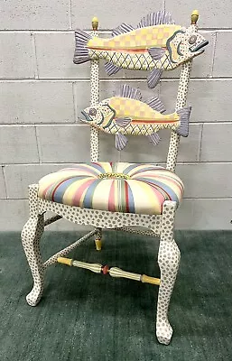 MacKenzie Childs Freckle Fish Chair Cotton Chintz + Damask Silk Button Seat Mint • $1995