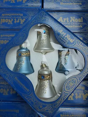 New Old Stock Vintage HUMMELWERK Art Noel BELL SHAPED GLASS ORNAMENTS Blue White • $16.95