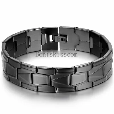 Men's High Polished Stainless Steel Black Greek Key Link Chain Bracelet Bangle • $8.99