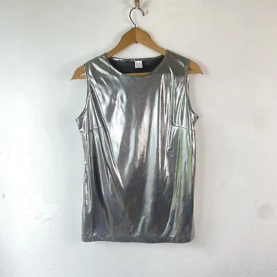 £16 • Buy Vintage Y2K Shiny Silver Metallic Sleeveless Top UK Size 14