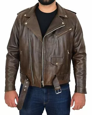 New Men Lambskin 100% Leather Jacket Biker Motorcycle Stylish Belted Brown Coat • $119.20