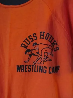 Vintage 70s Russ Houks Wrestling Camp T Shirt Champion Blue Bar NOS Lg • $69