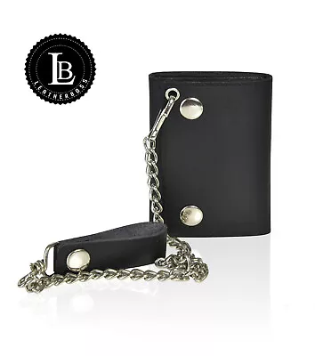 Leatherboss Genuine Leather Men's Trifold Wallet With Chain Biker Trucker Black • $13.99