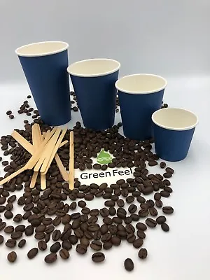 100 X 4/8/12/16oz Disposable Coffee PAPER CUPS BLUE Cold/Hot Drinks & SIP LIDS • £12.45