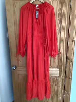 H&M Red Tie Detail Balloon Sleeves Maxi Dress BNWT • £20