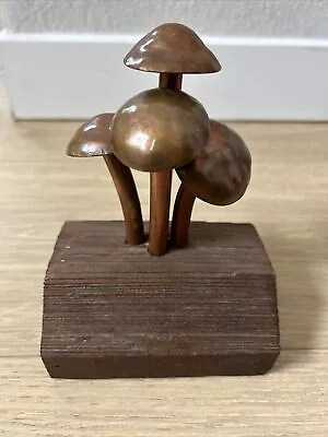 Vintage Hand Crafted Copper Mushrooms Sculpture With Wood Base Unique Unusual • $24.99