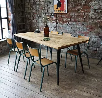 Leo Herringbone Style Solid Mango Wood Luxury Industrial Dining Table Black Legs • £579