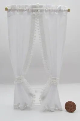 Dollhouse Miniature Tie Back Country Curtain With Pompom Lace In White B52202 • $17.99