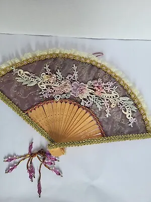 Vintage 13  Non Folding Fan Wall Decor Embellished Beaded Purple Satin Lace • $19.99