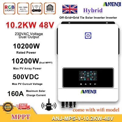 Dual MPPT 10200W On-Grid+Off-Grid Solar Inverter Hybrid 160A 230V 500V WIFI BMS • £539.66
