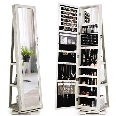Costway 360° Rotatable Jewelry Cabinet Armoire 2-in-1 Lockable Mirrored White • $169.99