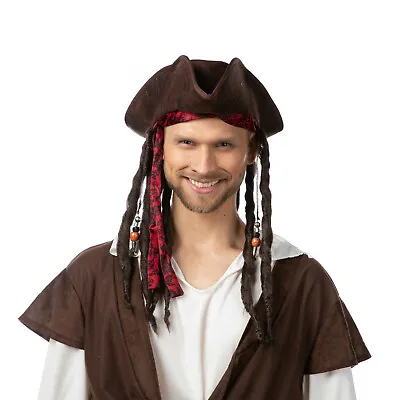 Adults Caribbean Pirate Hat Captain Jack Dress Up Hair Sparrow With Hair Costume • £12.99