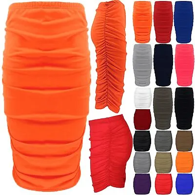 £2.99 • Buy Womens Ladies Plain Stretchy Side Ruched Pencil Fit Bodycon Midi Skirt Plus Size
