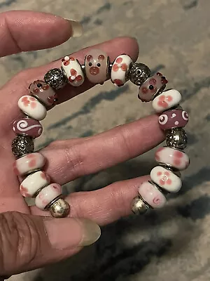 $95 • Buy Genuine Sterling Silver Pandora Bracelet With Pink Rose Murano Glass Beads Pig