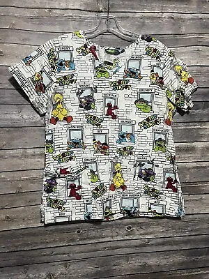 Sesame Street Scrub Top Womens M White Shirt Characters Elmo Cookie Bird Grouch • $9.60