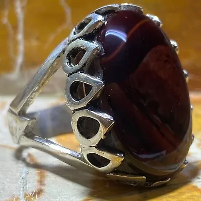 Vintage Big Silver Ring 925 Sterling Silver Men's Ring Natural Yemen Agate Aqeeq • $70