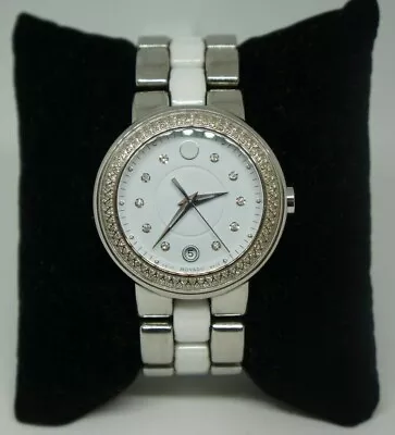 Movado Cerena Diamonds Steel White Ceramic Quartz Ladies Watch - Size 6 • $749.99
